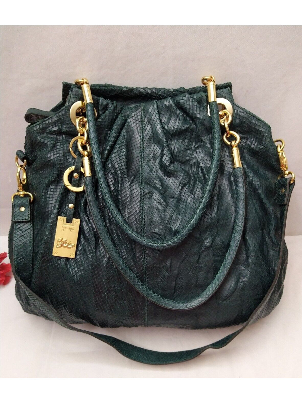 Jenrigo Green Leather Snakeskin Embossed Double Handles Shoulder Bag